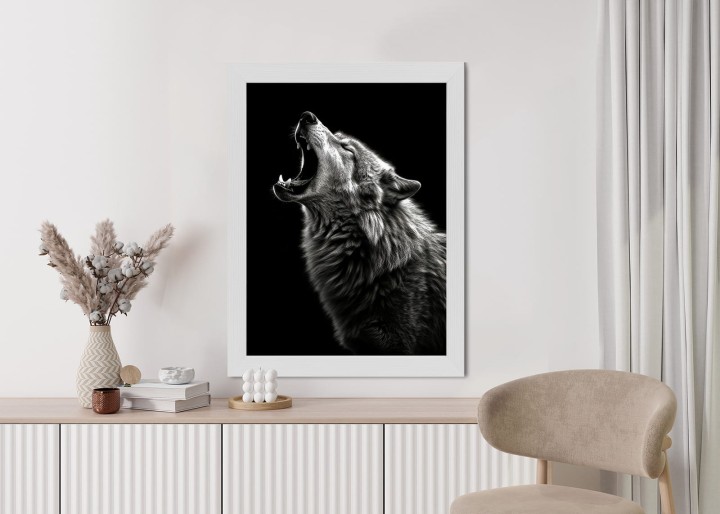 Plakat Wyjący Wilk Na Czarnym Tle