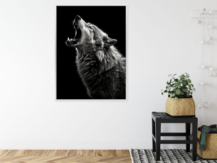 Plakat Wyjący Wilk Na Czarnym Tle