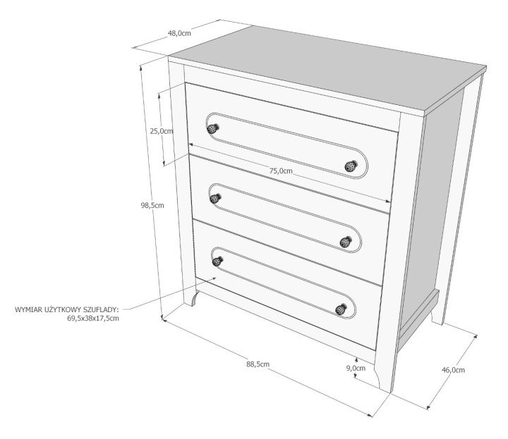 Komoda Glamour wymiary 88,5×46×98,5 cm – schemat