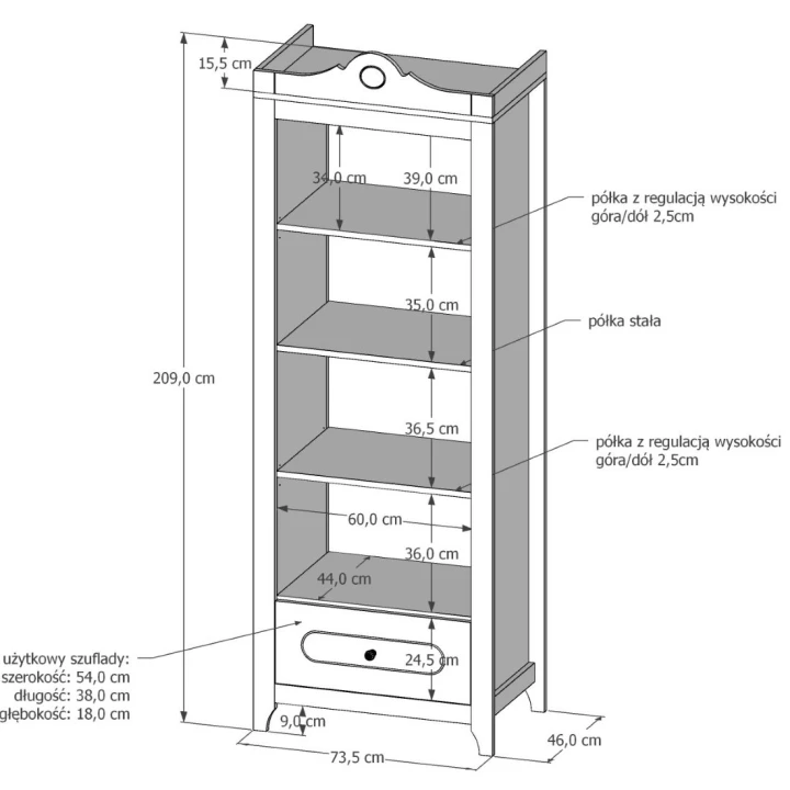 Regał Glamour wymiary 73,5×46×209 cm – schemat