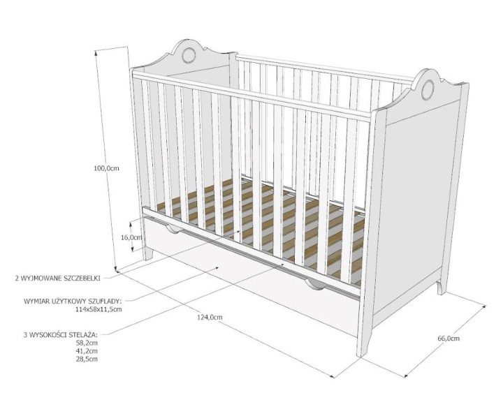 Łóżeczko Glamour wymiary 124×66×100 cm – schemat