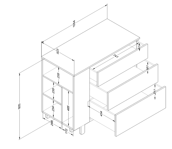 Komoda z regałem Basic - wymiary
