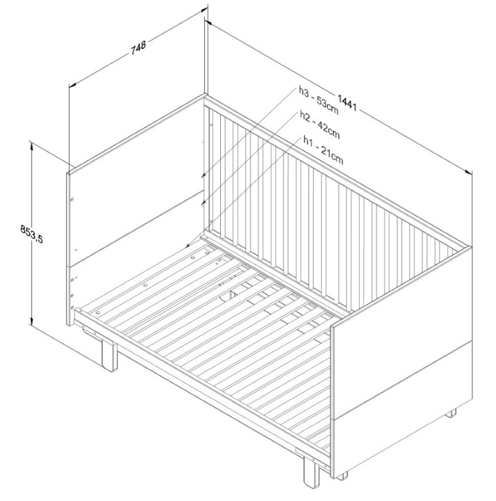 Schemat wymiarów łóżeczka tapczanika Basic kaszmir 140x70