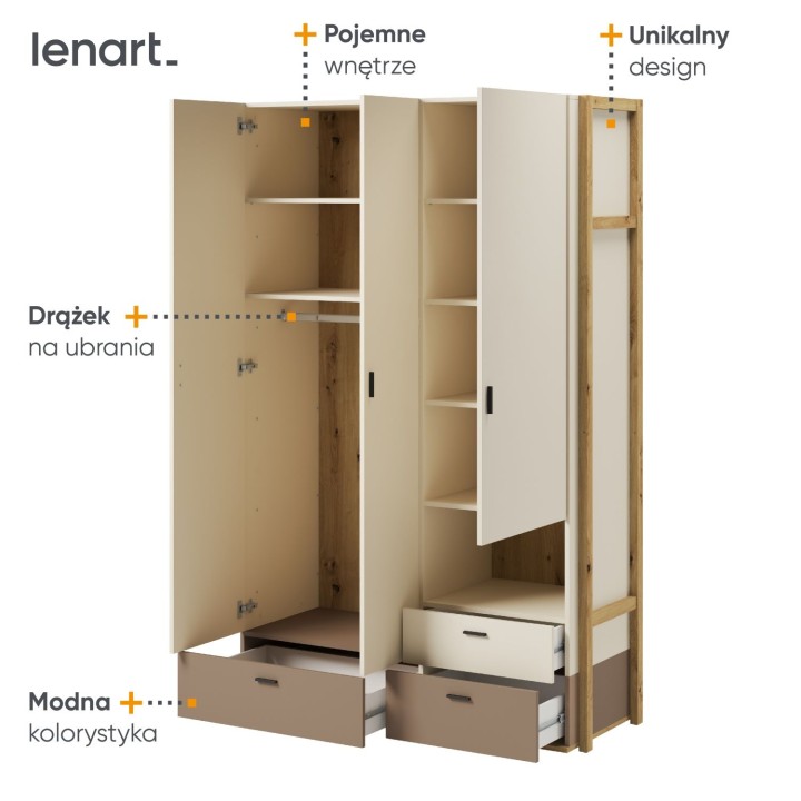 Wnętrze dużej szafy Lenny z drążkiem, półkami i szufladami do pokoju nastolatka
