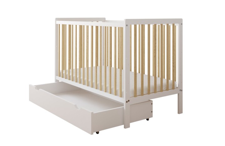 łóżeczko Lilo białe 120x60 z wysuwaną szufladą na pościel i akcesoria