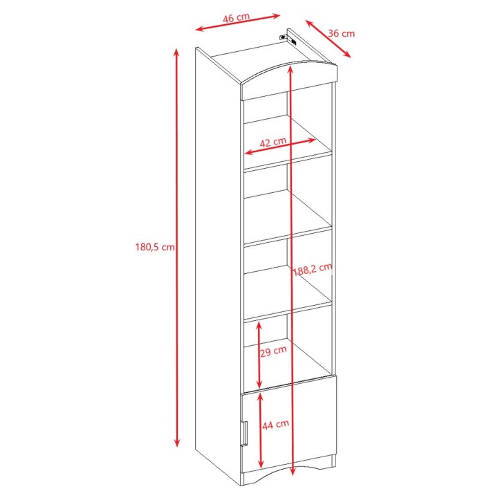 rysunek wymiarów białego regału Classic 46x36x180,5 cm
