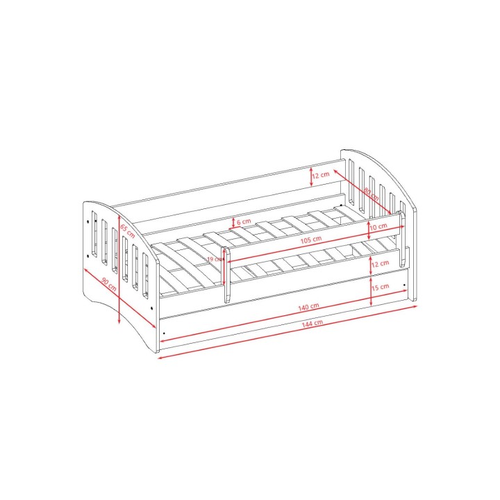 rysunek wymiarów łóżka Classic 140x80 z barierką