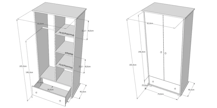 Rysunek techniczny szafy dziecięcej Elefante wymiary