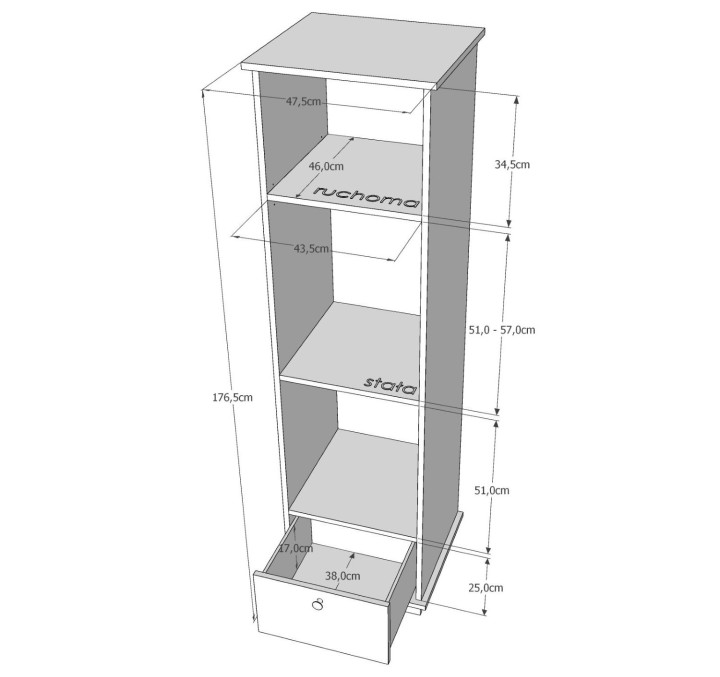 Rysunek techniczny regału dziecięcego Elefante wymiary