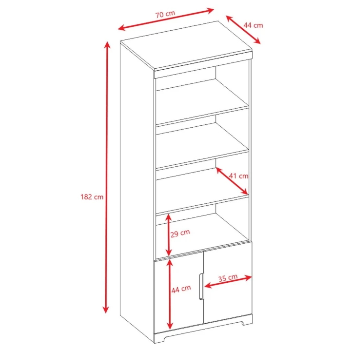 Rysunek techniczny regału Jimmy z wymiarami do pokoju młodzieżowego