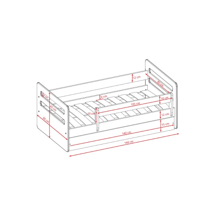 Rysunek techniczny łóżka Jimmy z wymiarami 140x80