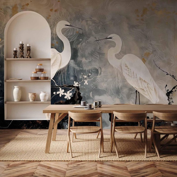 Fototapeta - Czaple i kwiat wiśni - ilustracja w orientalnym stylu przedstawiająca ptaki