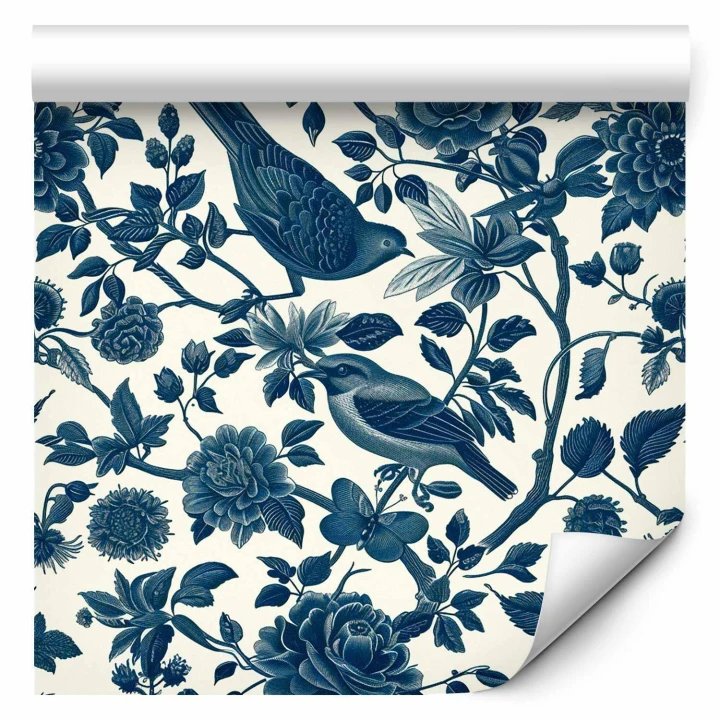 Tapeta - Ptaki i róże - monochromatyczny niebieski wzór z botanicznym motywem