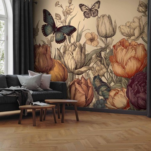 Fototapeta - Kolorowe tulipany na kremowym tle