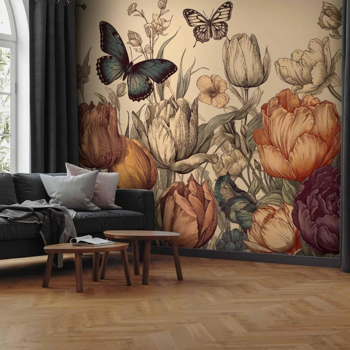 Fototapeta - Kolorowe tulipany na kremowym tle