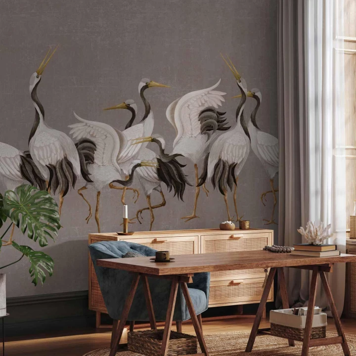 Fototapeta - Taniec żurawi - jasne sylwetki ptaków na ciepło-szarym tle z fakturą