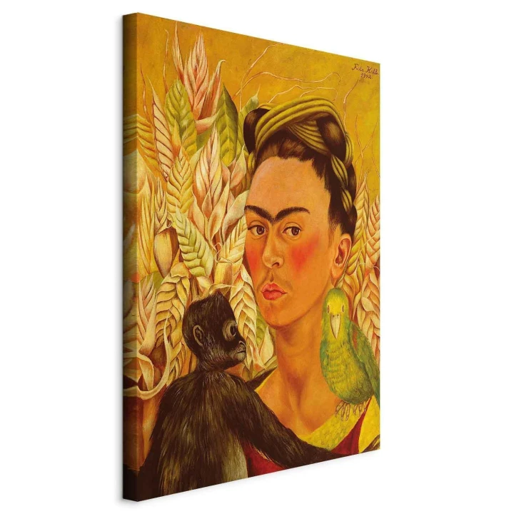 Obraz - Frida Kahlo – Autoportret z małpą i papugą