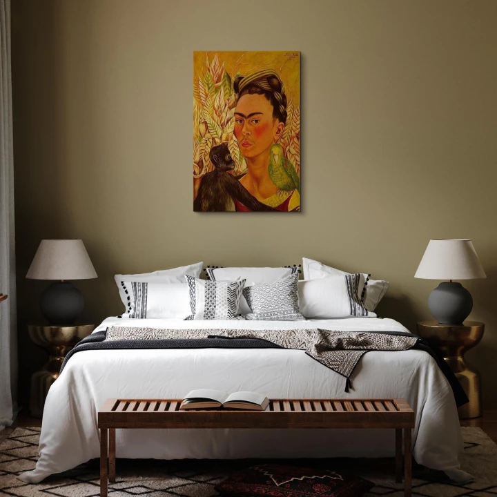 Obraz - Frida Kahlo – Autoportret z małpą i papugą