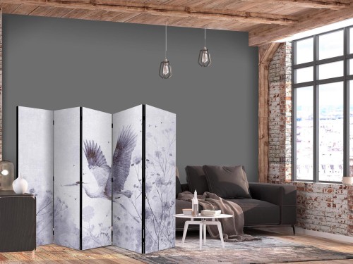 Parawan - Majestatyczny lot - żuraw w locie w monochromatycznej, chłodnej kolorystyce