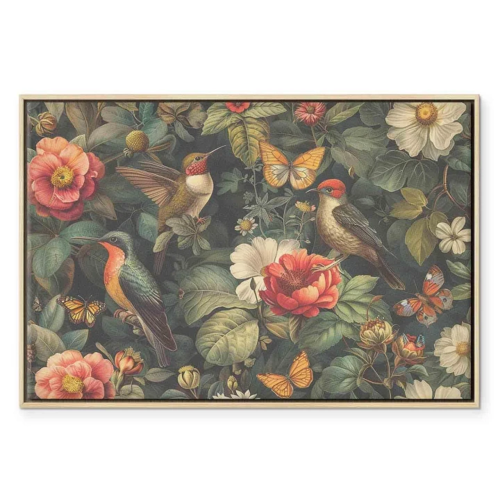 Obraz - Kwiaty, ptaki i motyle - ilustracja w stylu vintage