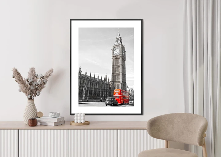 Plakat Czerwony Autobus I Czarno Biały Krajobraz Pałac Westminsterski