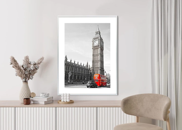 Plakat Czerwony Autobus I Czarno Biały Krajobraz Pałac Westminsterski