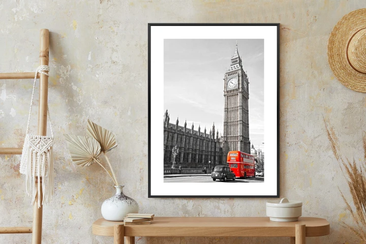 Plakat Czerwony Autobus I Czarno Biały Krajobraz Pałac Westminsterski