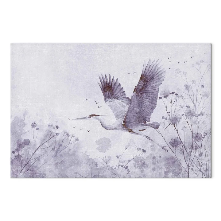 Obraz - Majestatyczny lot - żuraw w locie w monochromatycznej, chłodnej kolorystyce