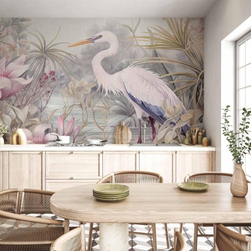 Fototapeta - Czapla brodząca w stawie - ilustracja w jasnej kolorystyce