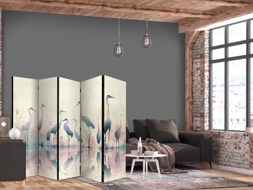 Parawan - Ptaki nad jeziorem - czaple malowane akwarelą w delikatnej, szaro-różowej kolorystyce