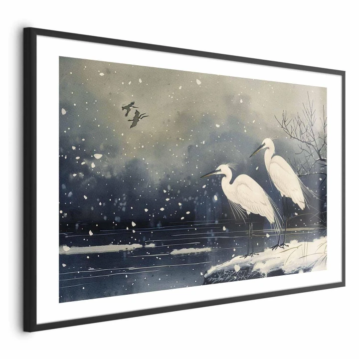Plakat - Czaple nad zimowym stawem - ilustracja w stylu japońskiego w ciemnej kolorystyce