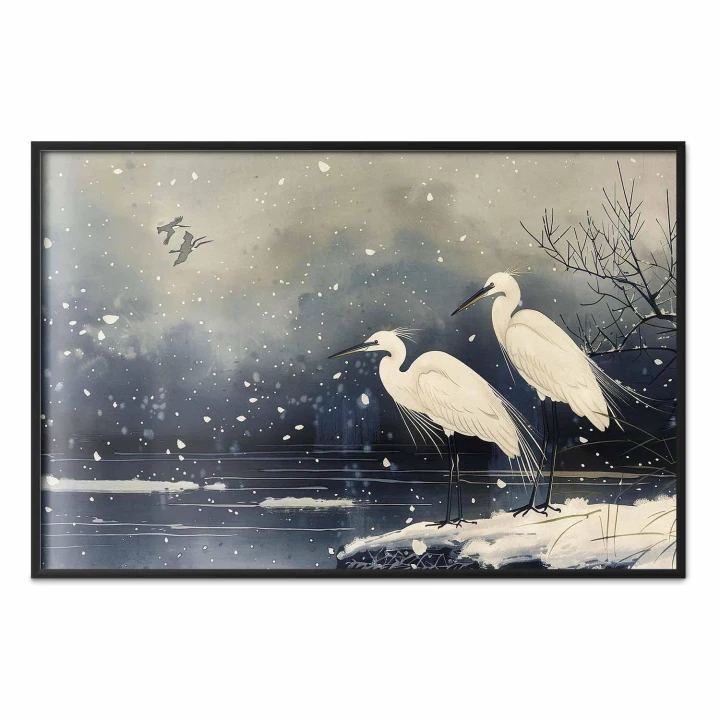 Plakat - Czaple nad zimowym stawem - ilustracja w stylu japońskiego w ciemnej kolorystyce