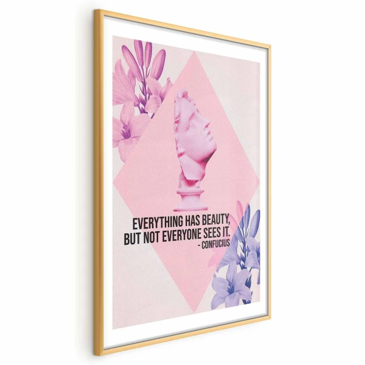 Plakat - Konfucjusz o Pięknie - popiersie w różu z kwiatami i cytatem