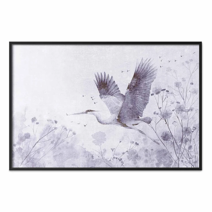 Plakat - Majestatyczny lot - żuraw w locie w monochromatycznej chłodnej kolorystyce