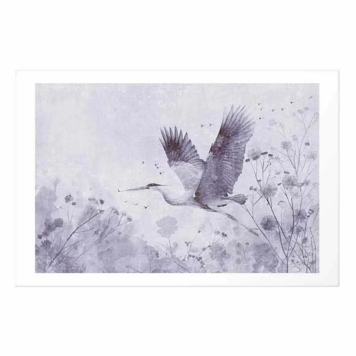 Plakat - Majestatyczny lot - żuraw w locie w monochromatycznej chłodnej kolorystyce