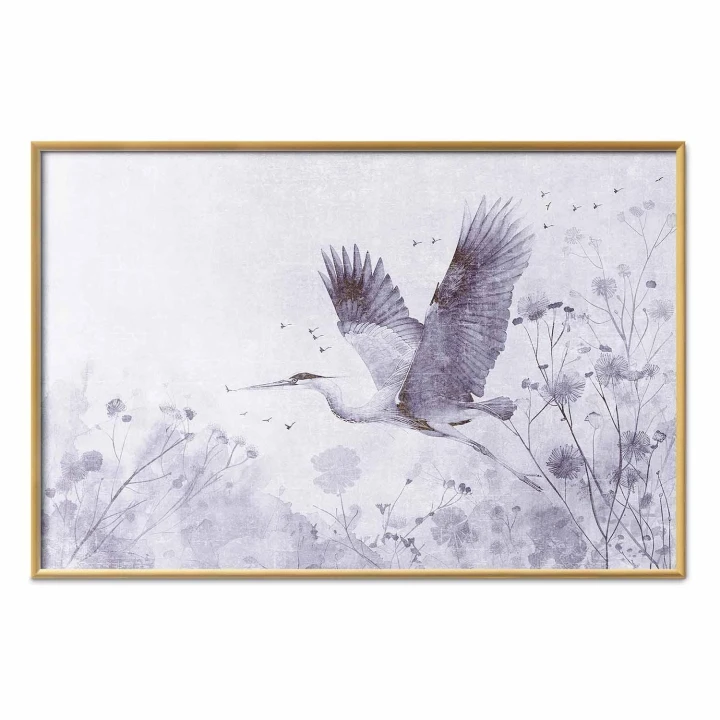 Plakat - Majestatyczny lot - żuraw w locie w monochromatycznej chłodnej kolorystyce