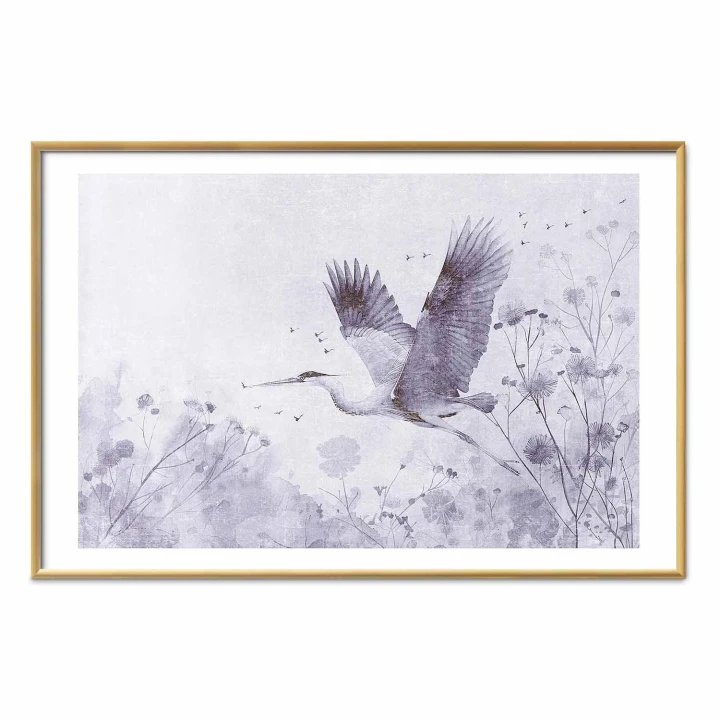 Plakat - Majestatyczny lot - żuraw w locie w monochromatycznej chłodnej kolorystyce