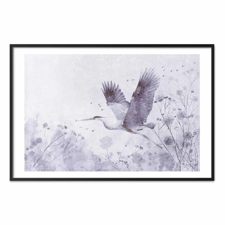 Plakat - Majestatyczny lot - żuraw w locie w monochromatycznej chłodnej kolorystyce