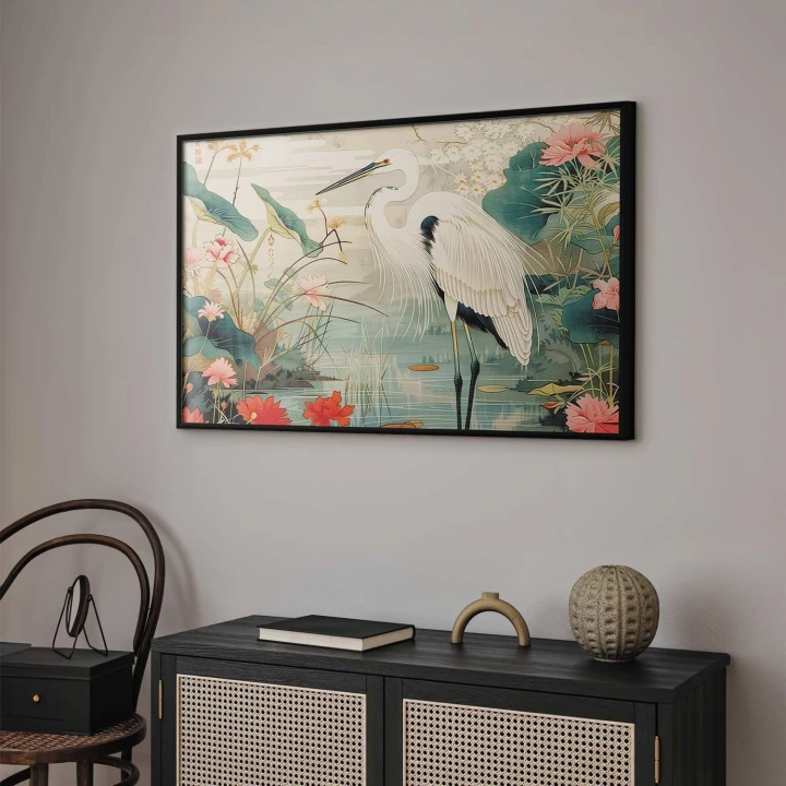 Plakat - Nad azjatyckim stawem - ilustracja w stylu japońskiej ryciny przedstawiająca czaplę