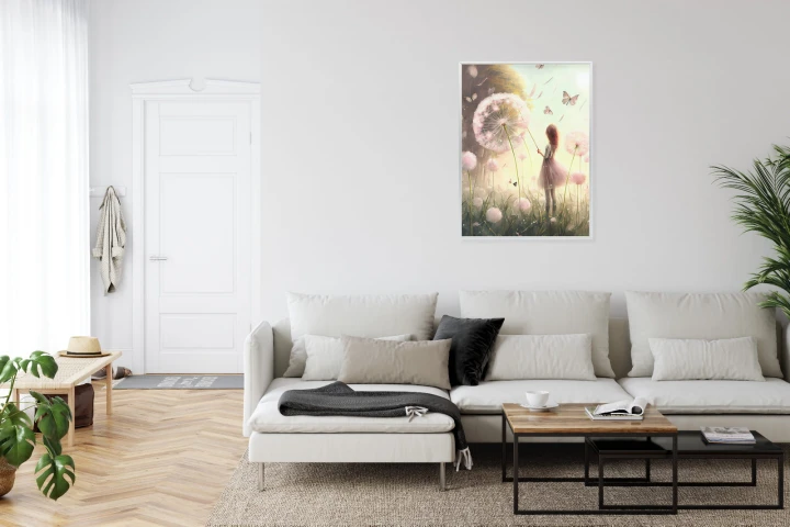 Plakat Dziewczynka Na Łące Wśród Różowych Dmuchawców