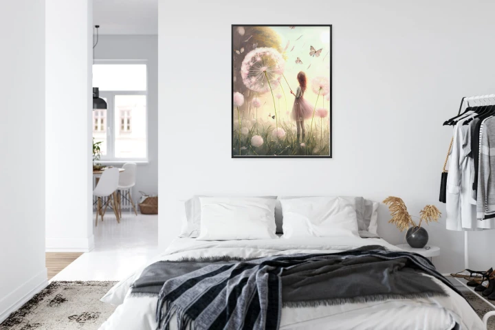 Plakat Dziewczynka Na Łące Wśród Różowych Dmuchawców