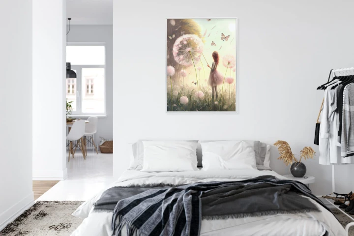 Plakat Dziewczynka Na Łące Wśród Różowych Dmuchawców