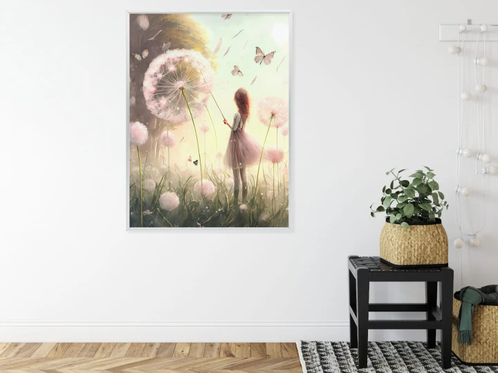 Plakat Dziewczynka Na Łące Wśród Różowych Dmuchawców