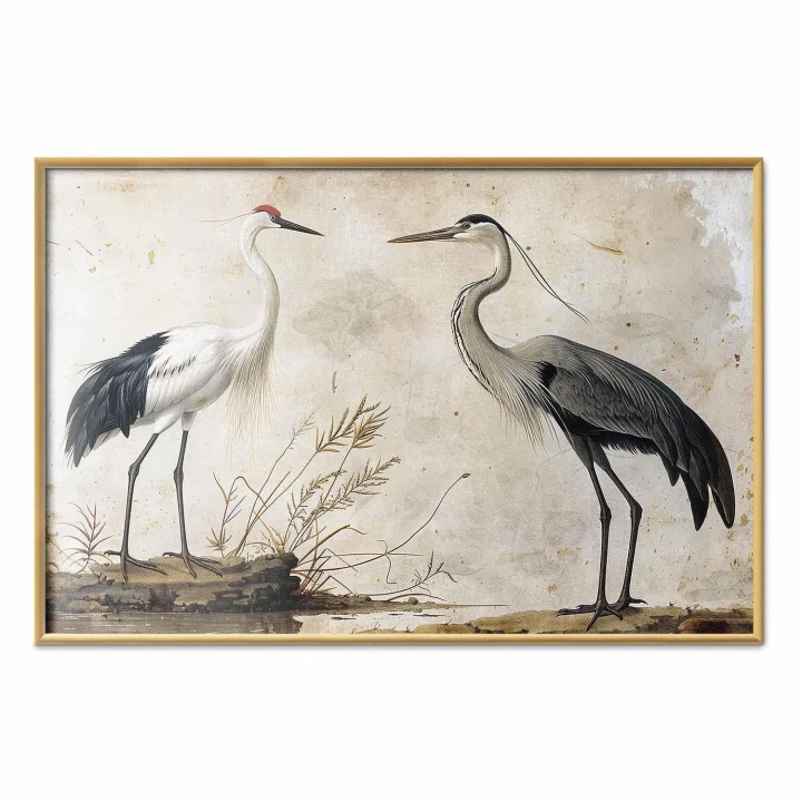 Plakat - Ptaki ze starej ryciny - ilustracja w stylu vintage przedstawiająca czaplę i żurawia