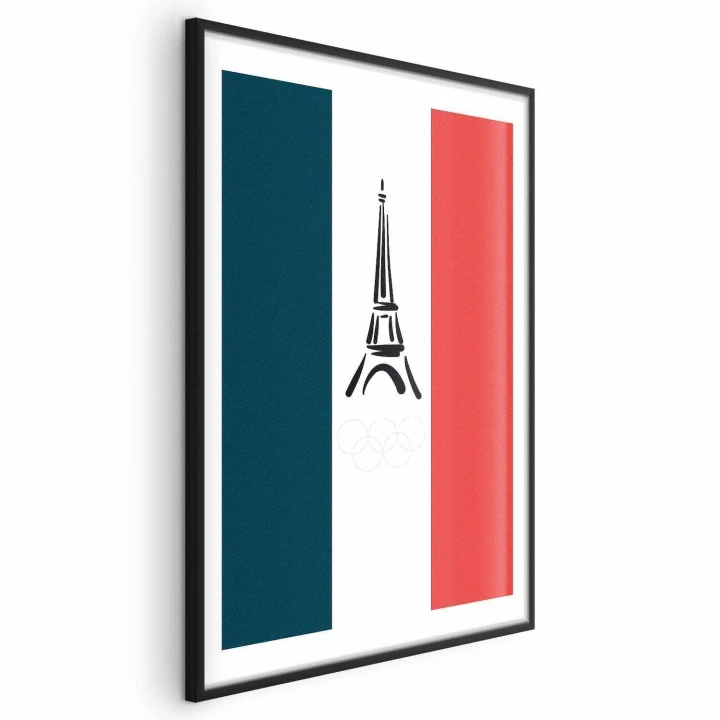 Plakat - Graficzna wieża Eiffla na tle flagi Francji