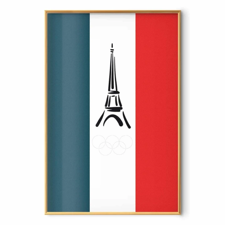 Plakat - Graficzna wieża Eiffla na tle flagi Francji
