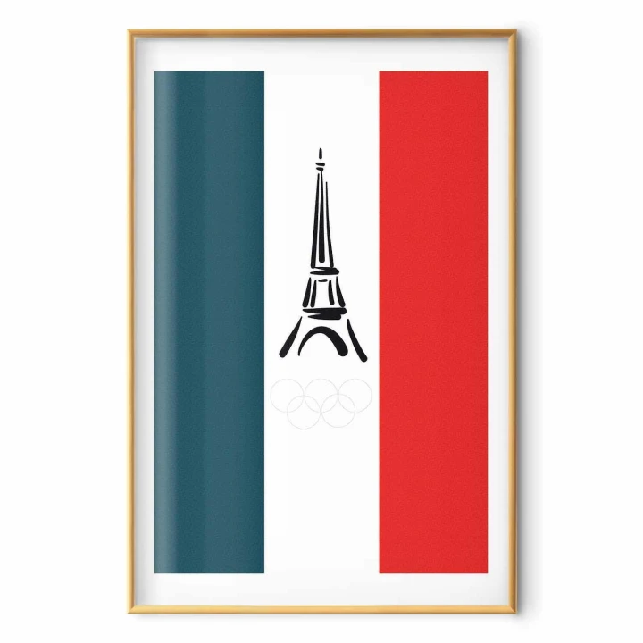 Plakat - Graficzna wieża Eiffla na tle flagi Francji
