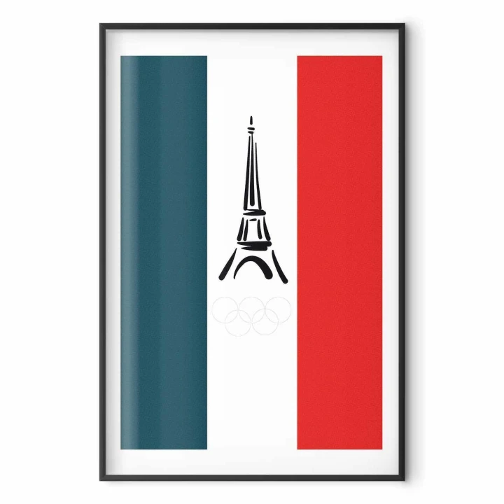 Plakat - Graficzna wieża Eiffla na tle flagi Francji