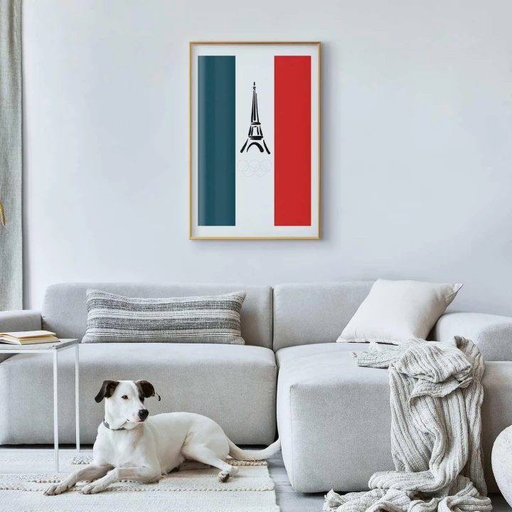 Plakat - Graficzna wieża Eiffla na tle flagi Francji