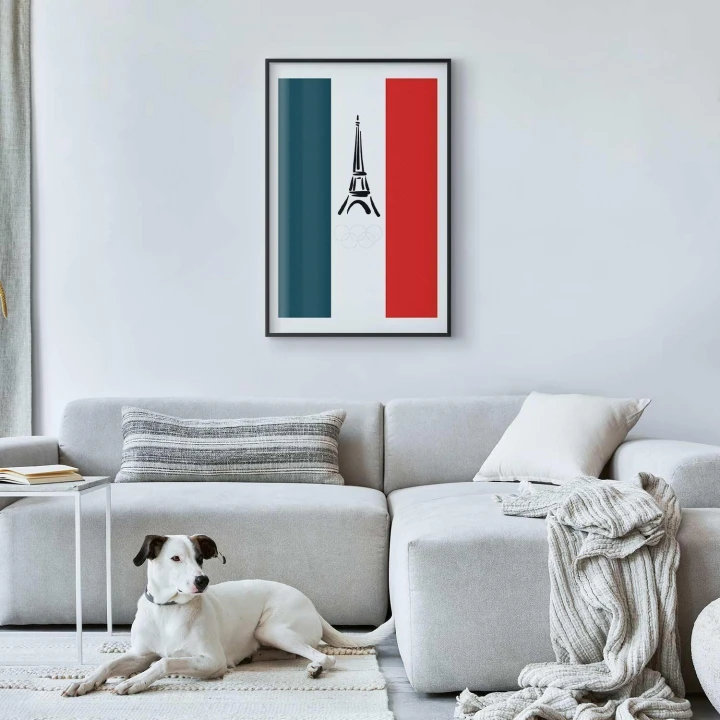 Plakat - Graficzna wieża Eiffla na tle flagi Francji